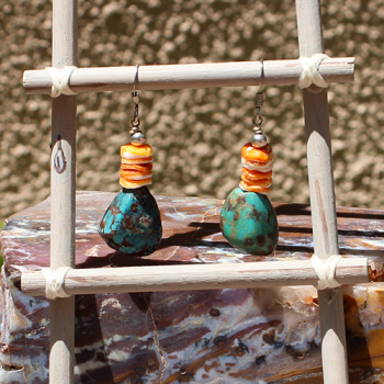 Santo Domingo Large Chunk Turquoise and Coral Heishi Earrings