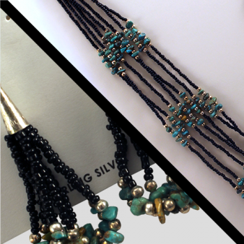 Seven Strand Jet & Turquoise Necklace w/ Matching Earrings